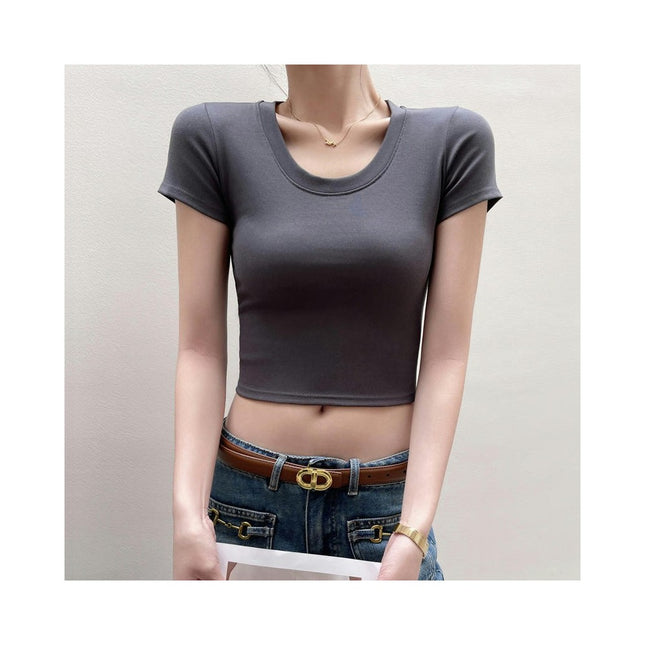 Crop Tops for Women Summer Short Sleeve Crew Neck T Shirts Cute Slim Fit Basic Tops