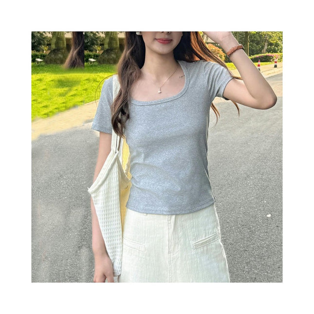 Women's Short Sleeve Square Neck Slim Fit T Shirts Summer Basic Going Out Crop Tops