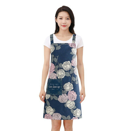 Women Kitchen Apron, Canvas Rose Flower Apron, Floral Pattern Apron with Pockets