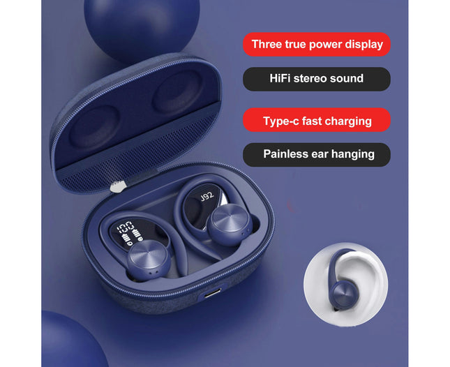 1 Pair  Hanging Bluetooth 5.0 Wireless Headset LED Power Digital Display Wireless Earbud-Blue