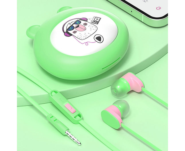 In-ear HiFi Sound Wired Earphone 3.5mm 9D Stereo Headset with Cartoon Storage Box-Green