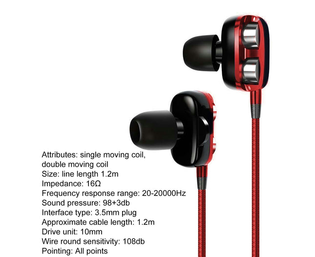 Portable 4 Speaker Wired Earphone Wire Control Stereo In-ear Earbud Headphone for Phone-Red