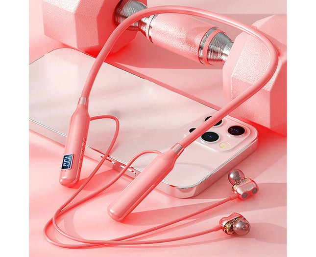 Neckband Wireless Earphone Bluetooth5.3 Stereo Sports Earbud for Doing Sports-Pink