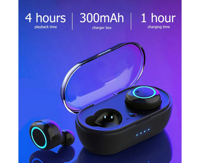 Touch Control Earphone Wireless Bluetooth 5.0 Earbuds with Mic Charging Box-Black Blue