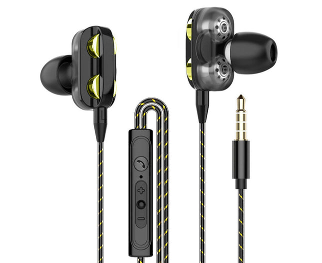 Wired Earphone Headphone with Microphone Dual Dynamic Circle Heavy Bass In-Ear Headset-Black