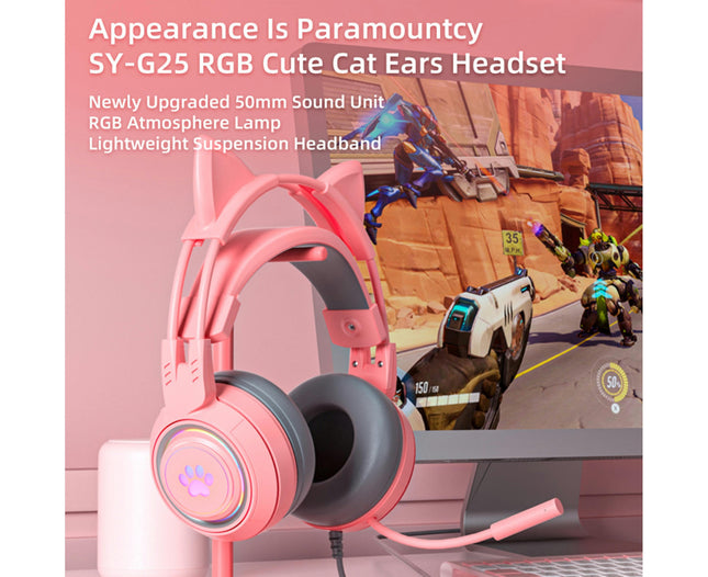 SY-G25 Reduction Detachable Cat Ear Wired Headphone 3.5mm USB Gaming Headset for Laptop-Pink