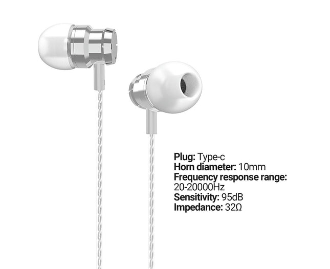 Universal Noise Reduction Wired Earphone In-ear Headphone with Mic for Type-C Phones-White