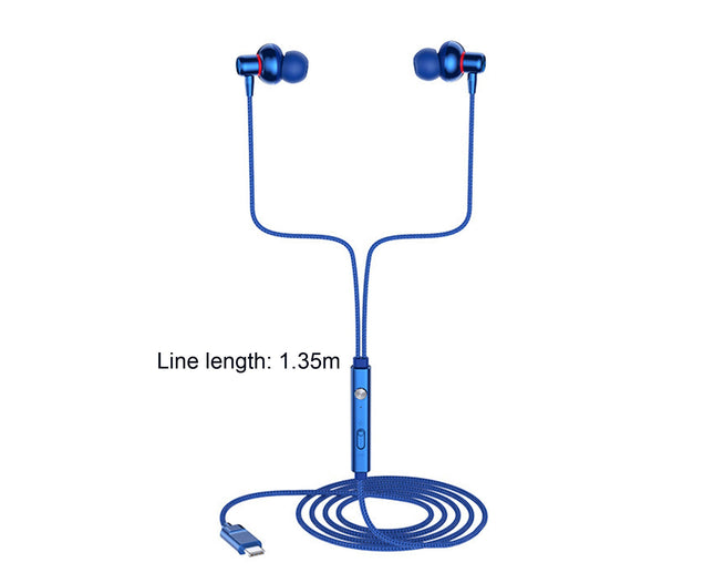 Ergonomic HiFi Sound Wired Earbud Type-C Wire Control Earphone with Micphone for Karaoke-Blue