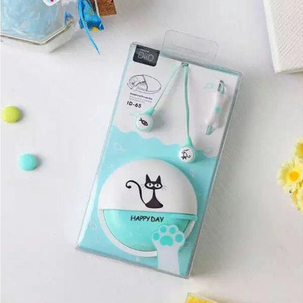 Cute Cartoon Cat In-ear Headset Stereo Music  Earphone with Mic Storage Box-Blue