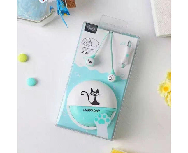 Cute Cartoon Cat In-ear Headset Stereo Music  Earphone with Mic Storage Box-Blue