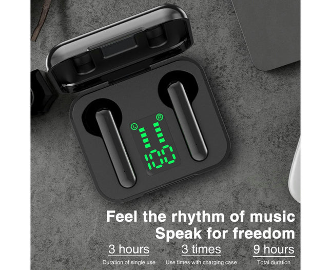 TWS Wireless LED Digital Display Earphones Bluetooth-compatible 5.0 Stereo Music Headset-Black