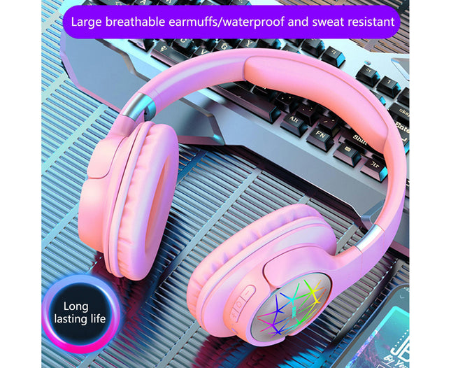 Wireless Stereo Sound Headphone Noise Reduction Flash Light Over-Ear Wireless Headset-Pink