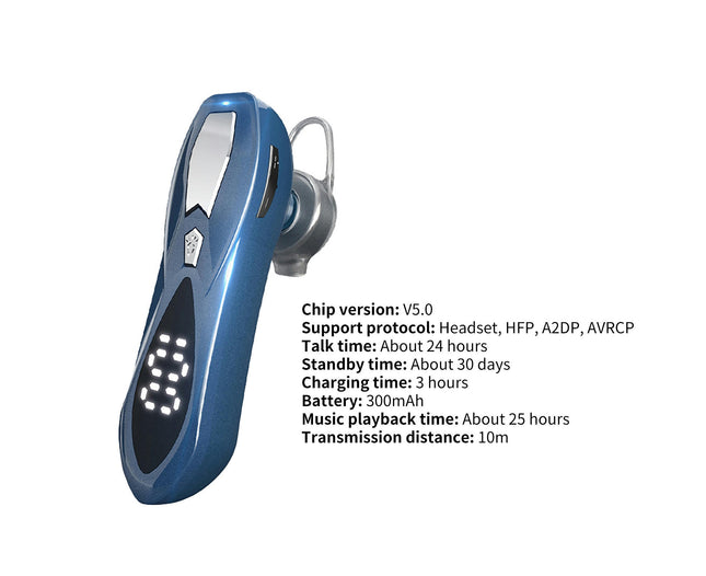 Digital Display Ear Hook Single Earbud HiFi Multifunctional Wireless Earphone for Calling-Blue