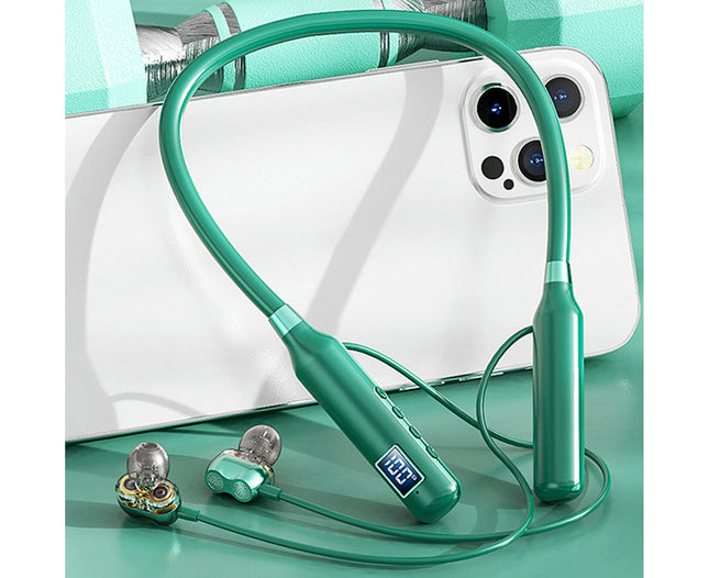 LED Digital Display Wireless Earphone Bluetooth5.3 Neckband Sports Earbud for Doing Sports-Green