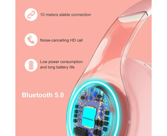 5.0 Wireless Bluetooth TF Card 3.5mm Jack RGB Light Stereo Headset Headphones-Pink