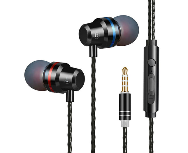 Universal In-ear Metal Shell Mic Headphones Heavy Bass Wired Control Earphones -Black