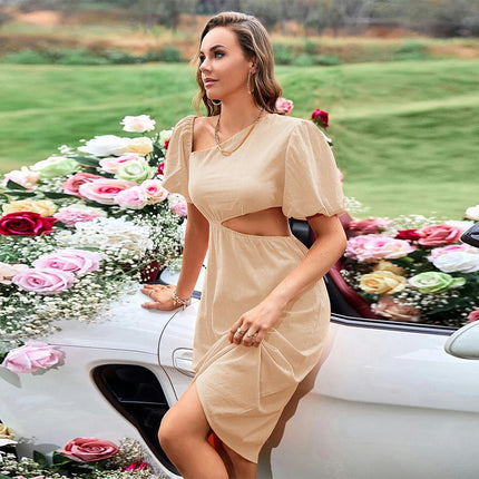 Womens Summer Midi Dresses Puff Short Sleeve Cut Out Casual Short Dress