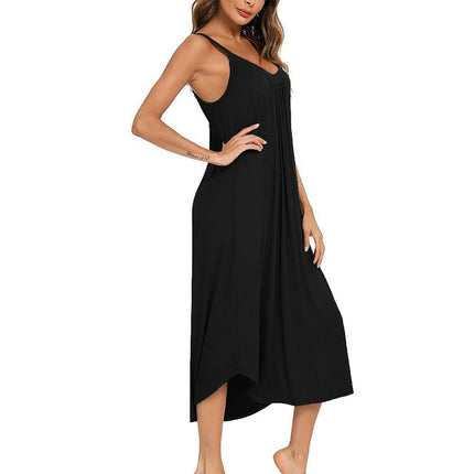 Women's Sleeveless Loose Midi Dress Spaghetti Strap V Neck A Line Flowy Dresses