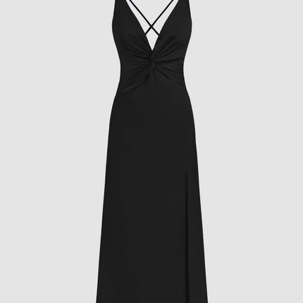 Women's Sexy Deep V Neck Twist Front Backless Slit Ruched Party Cocktail Maxi Dress