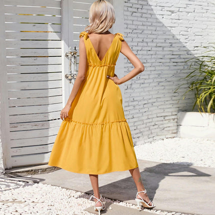 Women's Summer Dresses Casual Tiered Ruffled Flowy Bow Strap V Neck Sleeveless Midi Dress