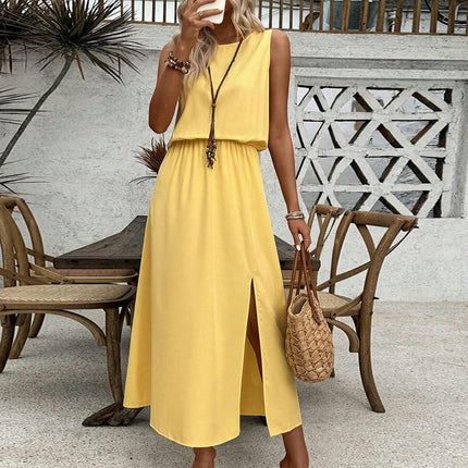 Womens Summer Crew Neck Dresses Sleeveless Elastic Waist Casual Split Maxi Dress