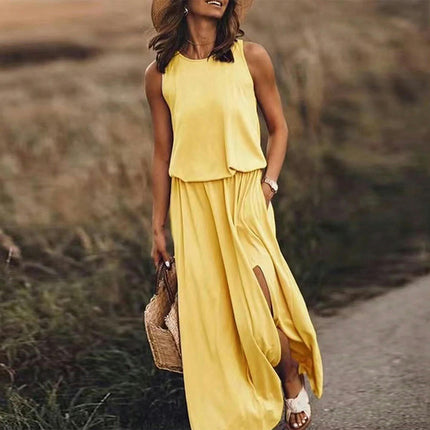 Womens Summer Crew Neck Dresses Sleeveless Elastic Waist Casual Split Maxi Dress