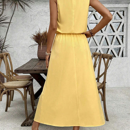 Womens Summer Crew Neck Dresses Sleeveless Elastic Waist Casual Split Maxi Dress