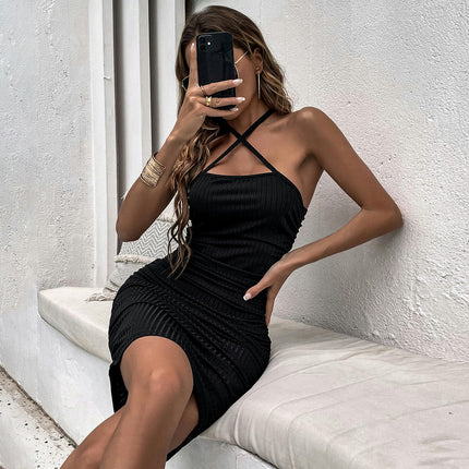 Women's Sexy Bodycon Dress Spaghetti Strap Criss Cross Halter Ruched Party Club Mini Dress