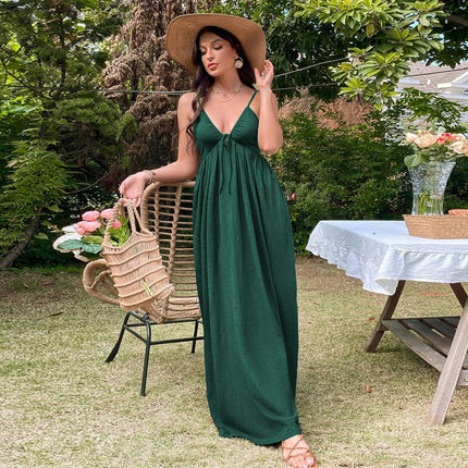 Women Spaghetti Strap Deep V Neck Maxi Dresses Tie Back Backless Split A Line Flowy Dress