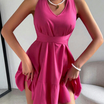 Women's Sexy Sleeveless Halter V Neck Backless Tie Back Ruffled Flowy Mini Dress
