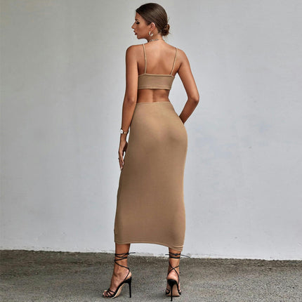 Women's Sexy V-Neck Spaghetti Strap Dress Sleeveless Cut Out Backless Bodycon Midi Club Dress