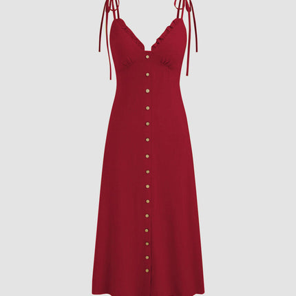 Women's Beach Summer Dresses A-Line Spaghetti Strap V-Neck Button Down Midi Dress