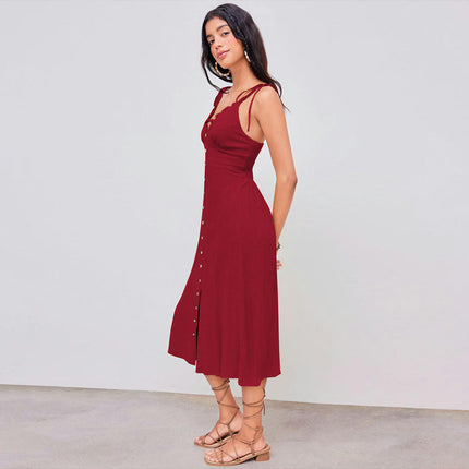 Women's Beach Summer Dresses A-Line Spaghetti Strap V-Neck Button Down Midi Dress