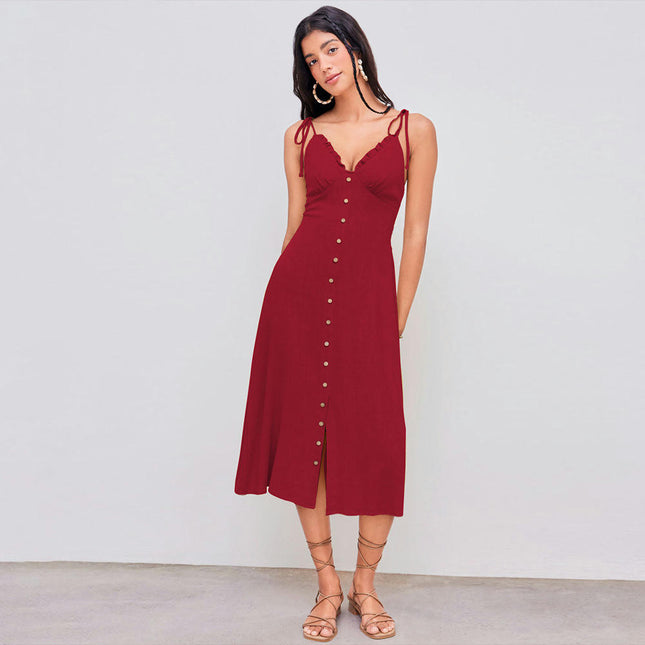Women's Beach Summer Dresses A-Line Spaghetti Strap V-Neck Button Down Midi Dress
