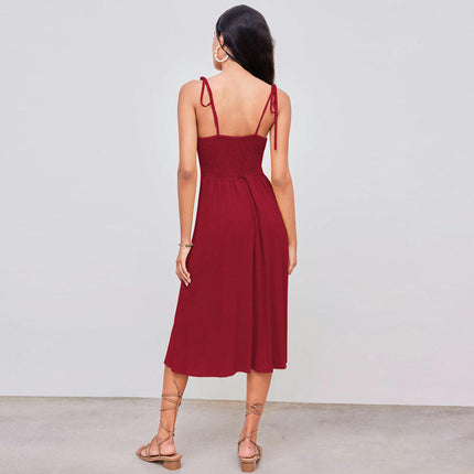 Women's Beach Summer Dresses A-Line Spaghetti Strap V-Neck Button Down Midi Dress
