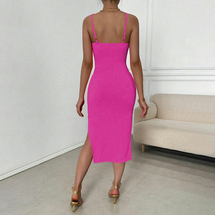 Women's Sexy V Neck Bodycon Spaghetti Strap Dress Twist Knot Cut Out Split Party Midi Dress