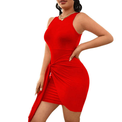 Womens Summer Sleeveless Crewneck Mini Dresses Tie Waist Bodycon Tank Dress
