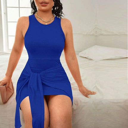 Womens Summer Sleeveless Crewneck Mini Dresses Tie Waist Bodycon Tank Dress