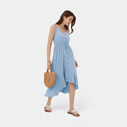 Women Summer Dresses Spaghetti Strap Button V Neck Sleeveless Ruffled Flowy A Line Midi Dress
