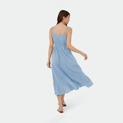 Women Summer Dresses Spaghetti Strap Button V Neck Sleeveless Ruffled Flowy A Line Midi Dress