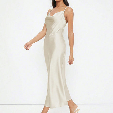 Women's Sleeveless Spaghetti Strap Satin Dress Cocktail Evening Party Cowl Neck Maxi Dresses
