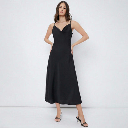 Women's Sleeveless Spaghetti Strap Satin Dress Cocktail Evening Party Cowl Neck Maxi Dresses