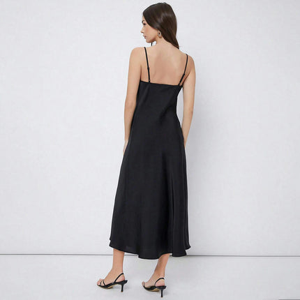 Women's Sleeveless Spaghetti Strap Satin Dress Cocktail Evening Party Cowl Neck Maxi Dresses