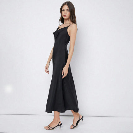 Women's Sleeveless Spaghetti Strap Satin Dress Cocktail Evening Party Cowl Neck Maxi Dresses