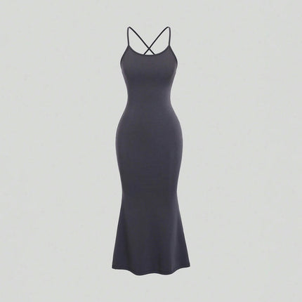 Women's Sexy Sleeveless Spaghetti Strap Backless Lace Up Bodycon Midi Club Dress