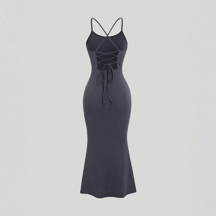 Women's Sexy Sleeveless Spaghetti Strap Backless Lace Up Bodycon Midi Club Dress