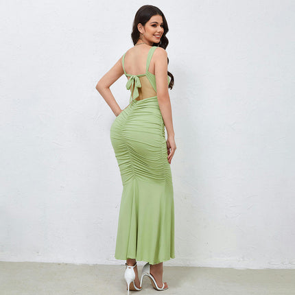 Women's Sexy Ruched Bodycon Maxi Dresses Sleeveless Cut Out Tie Backless Cocktail Party Dress