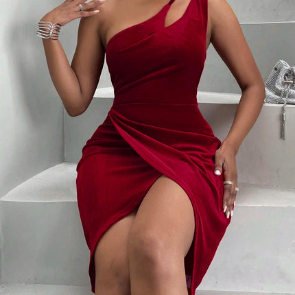 Women's One Shoulder Sleeveless Ruched Slit Velvet Bodycon Cocktail Party Midi Dress