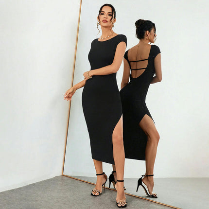 Women's Short Sleeve Crew Neck Midi Dress Backless Bodycon Slit Cocktail Party Dress