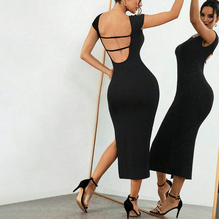 Women's Short Sleeve Crew Neck Midi Dress Backless Bodycon Slit Cocktail Party Dress